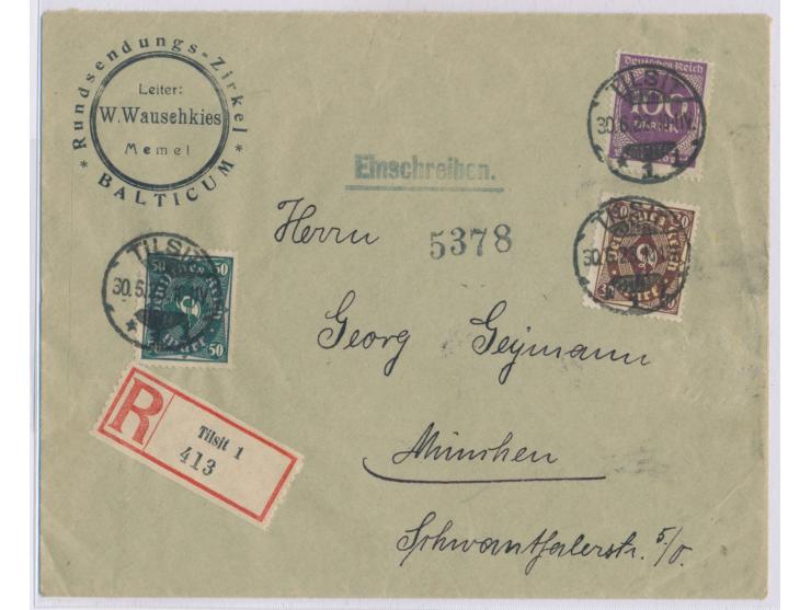 Einschreibbrief mit Dt. Reich-Frankatur 180 M  auf Einschreibbrief mit Stempel  Tilsit 1  30.6.23 nach München, vorderseitig 