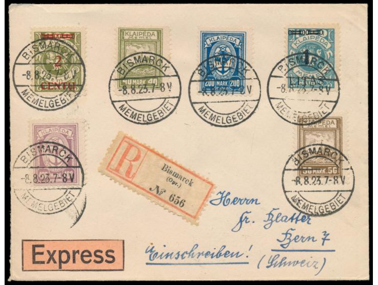 2 C. und 1 L. zusammen mit 4 Werten der bereits ungültigen Hafenjubiläumsausgabe auf Auslands-Eilboten-Einschreibbrief in die