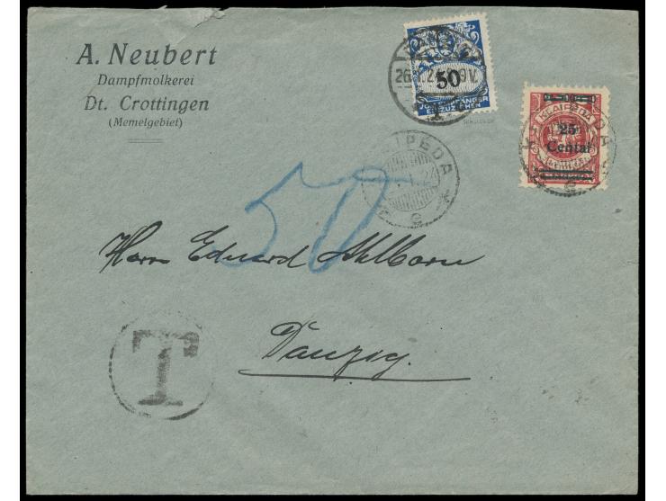 Einzelfrankatur 25 C. auf 100 M auf Firmenbrief von Klaipeda 24.1.24 nach Danzig, unterfrankiert da Auslandsporto, großer T-K