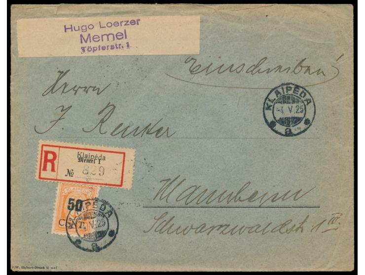 Einzelfrankatur 50 C. auf 500 M. auf  Einschreibbrief  mit Stempel  Klaipeda  4.5.25 nach Mannheim,  R-Zettel Memel 1 überdru