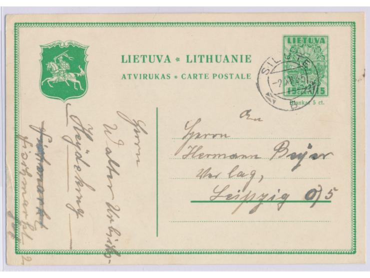 Litauen-Ganzsache  15 C. Wappen mit Krone (1934) aus Heydekrug mit Stempel  Silute  2.12.35 zum Inlandstarif nach Leipzig, Be