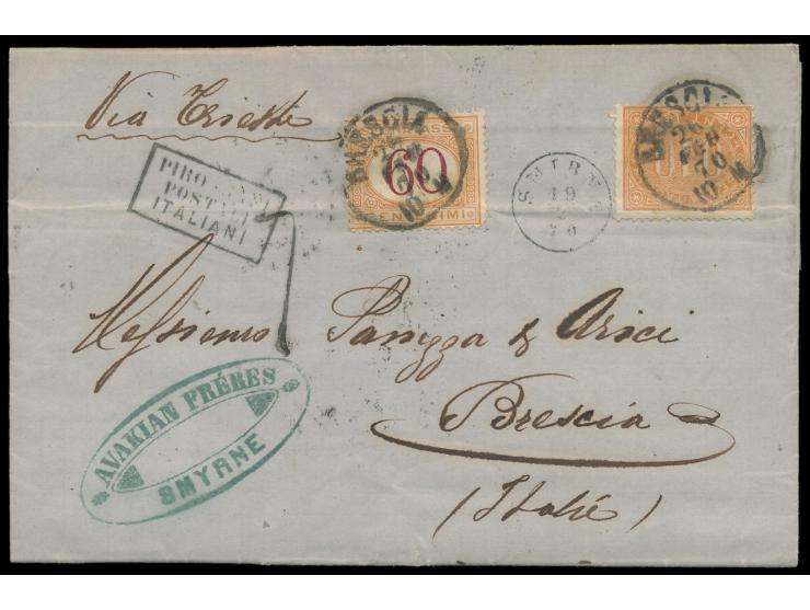 kleiner K1  Smirne  19.2.70 auf unfrankiertem Faltbrief nach Italien, R3 Piroscafi Postali Italiani, Durchgangsstempel Brindi