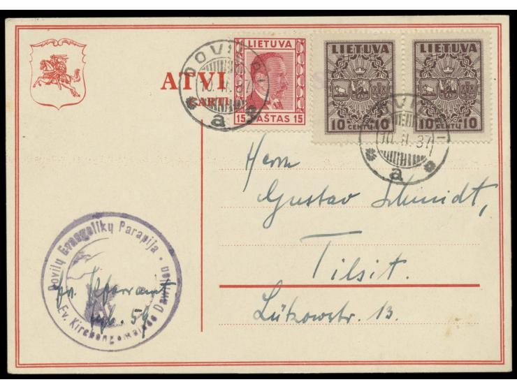Litauen  2 x 10 C. und 15 C. auf Postkarten-Formular mit Stempel  Dovilai  10.2.37 nach Tilsit, zweisprachiges Siegel  ... Ev