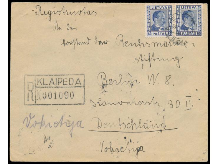 2 x &nbsp;Litauen &nbsp;60 C. auf &nbsp;Einschreibbrief &nbsp;mit Stempel &nbsp;Klaipeda &nbsp;18.1.38 nach Deutschland, schw