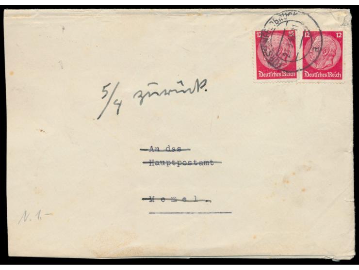 Brief aus Fürstenfeldbruck 23.3.39 an das Postamt Memel, mit violettem L4  "Überdruckmarken sind von deutscher Reichspost nic