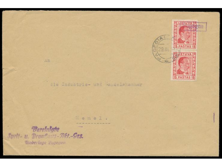 violetter R1  Pogegen  und litauischer Stempel  Pagegiai  29.III.39 auf Brief mit  Litauen  2 x 15 Pastas an die Industrie- u