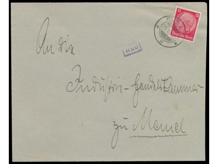 aptierter litauischer Stempel  Rus ...  29.III.39 ("ne" aptiert) und  violetter R1  Ruß  auf Brief mit 12 Pf. Hindenburg an d