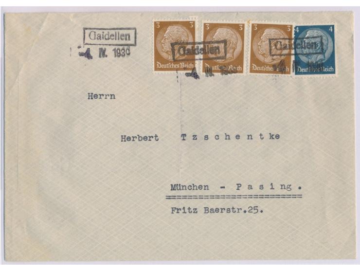 schwarzer R1 &nbsp;Gaidellen &nbsp;und Datum-L1 4.IV.1939 auf Brief mit 3 x 3 Pf. und 4 Pf. Hindenburg nach München, schwache