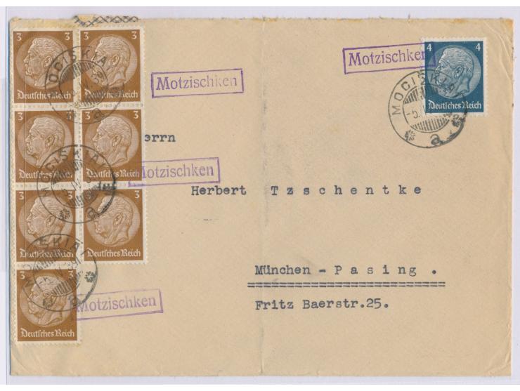 Brief mit 7 x 3 Pf. und 4 Pf. Hindenburg nach München, je 4 x violetter R1  Motzischken  und litauischer Stempel  Mociskiai  