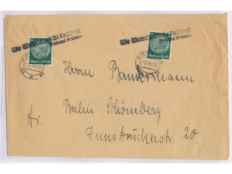 schwarzer L2  Wir Memeldeutsche sind frei! / Postamt Prökuls  und litauischer Stempel  Priekule  5.IV.39 auf Brief mit 2 x 6 