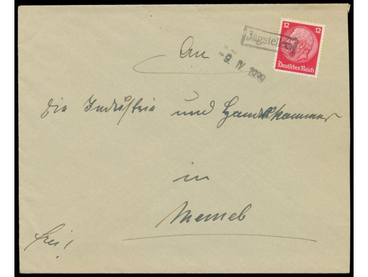 schwarzer R1  Jagstellen  und datum-L1 9.IV.1939 auf Brief mit 12 Pf. Hindenburg (unten links kleiner Eckfehler) an die Indus