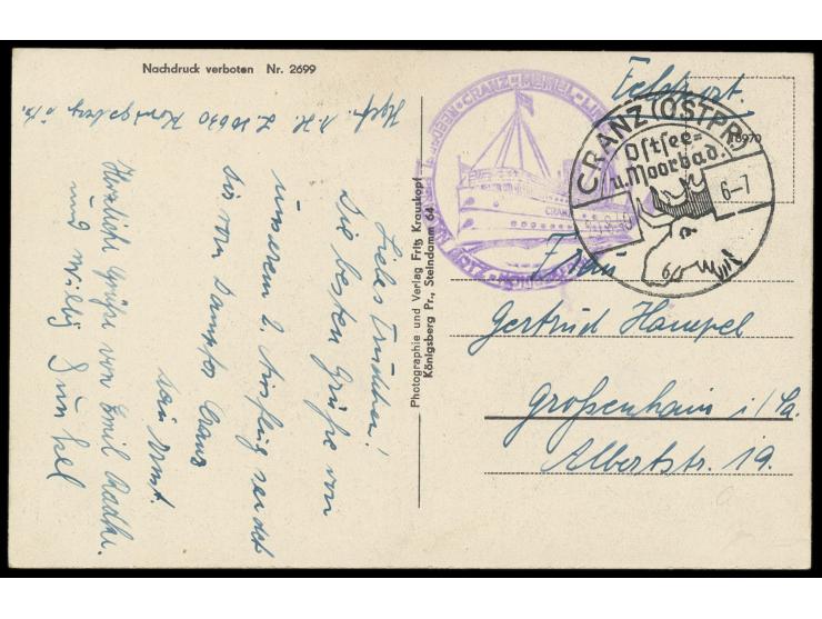 Schiffspost im Kurischen Haff: viol. Bordstempel  "Cranz-Memel-Linie / Reederei Hermann Götz - Königsberg (Dampfer Cranz)"  u