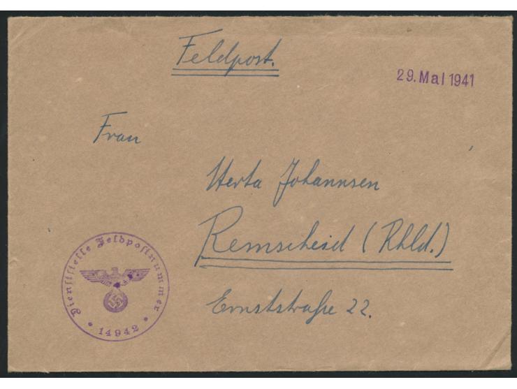 Feldpostbrief mit viol. Datum-Z1 29. Mai 1941 als Aufgabestempel und Briefstempel Dienststelle Feldpostnummer 14942 = Bau-Kol