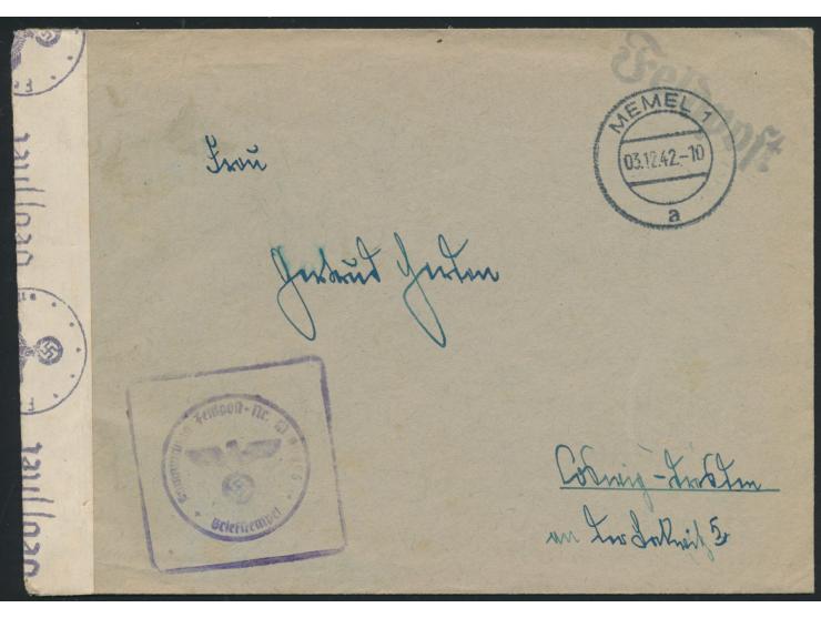 Feldpostbrief mit Stempel &nbsp;Memel 1 &nbsp;3.12.42 nach Coswig, Absender und Briefstempel Kommando Feldpost-Nr. M 06996 = 