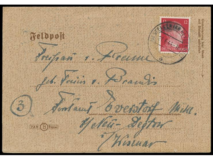 seltener Stempel  Mestellen (Kr. Heydekrug) a  21.6.44 auf Faltbrief mit 12 Pf. Hitler nach Everstdorf in Mecklenburg, Bedarf