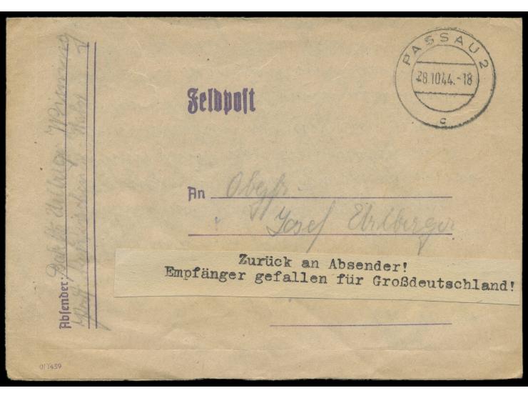 Feldpost-Faltbrief mit Stempel  Passau 2  20.10.44 an einen Obergefreiten bei der FPNr. 10707 A = Stab Panzer-Regiment 25 (7.