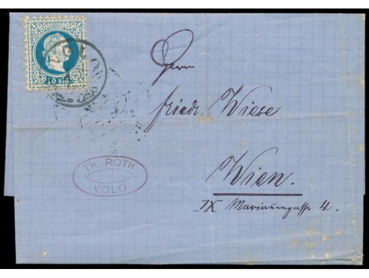 Ausgabe 1867  10 Soldi auf Faltbriefhülle nach Wien, Stempel  Volo  13.9.(1877), Durchgangsstempel Trieste 20.9., Ankunftstem