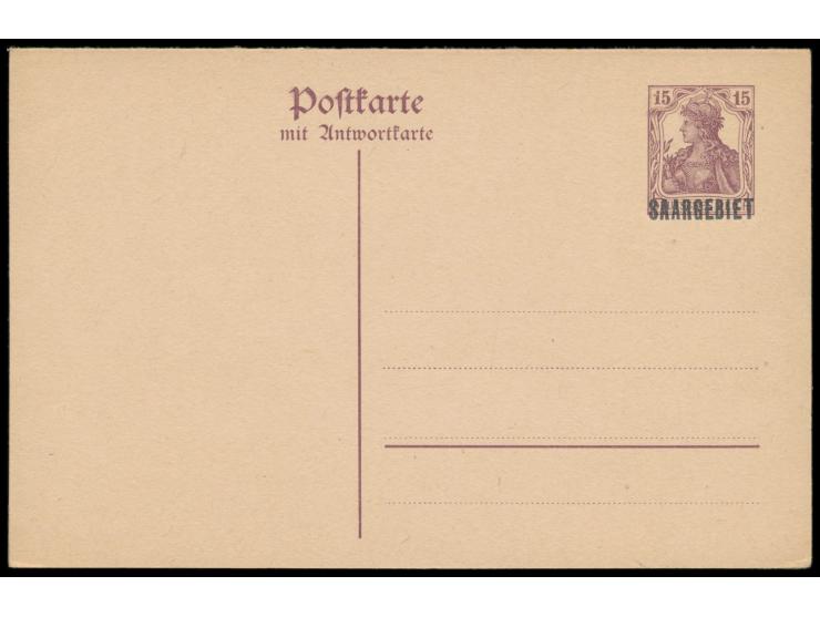 1920, Ganzsachen-Doppelkarte 15 Pf. Germania mit  "Saargebiet"-Aufdruck Type III  (18 x 3,4 mm), ungebraucht, angeblich nur 2