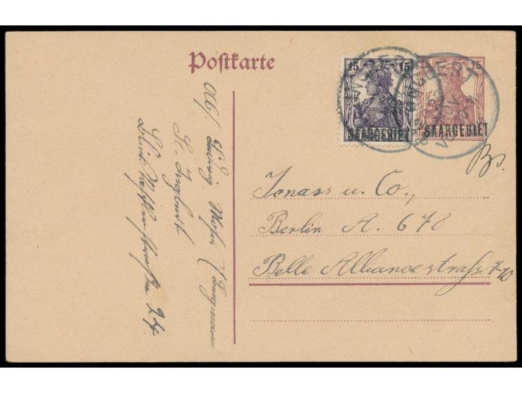 Ganzsache 15 Pf. mit seltenem Aufdruck Type II (17,3 x 3,4 mm) mit Zusatzfrankatur 15 Pf., Stempel St. Ingbert 27.11.20, nach