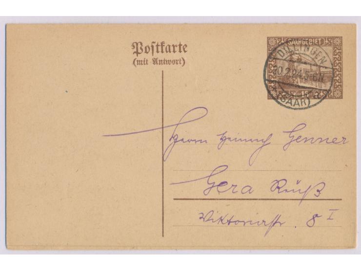 Ganzsachen-Doppelkarte 15 C.  "Förderseilbahn" mit Stempel Dillingen (Saar) 20.2.24 nach Gera, Bedarf, Antwortteil hängt unge