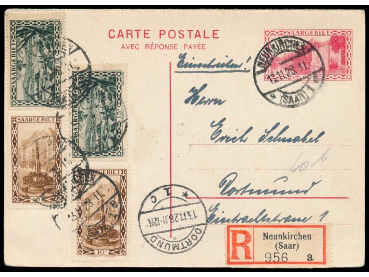 Ganzsachen-Doppelkarte 90 C. mit Zusatzfrankatur &nbsp;2 x 10 C. und 2 x 15 C. als &nbsp;Einschreiben &nbsp;mit Stempel Neunk