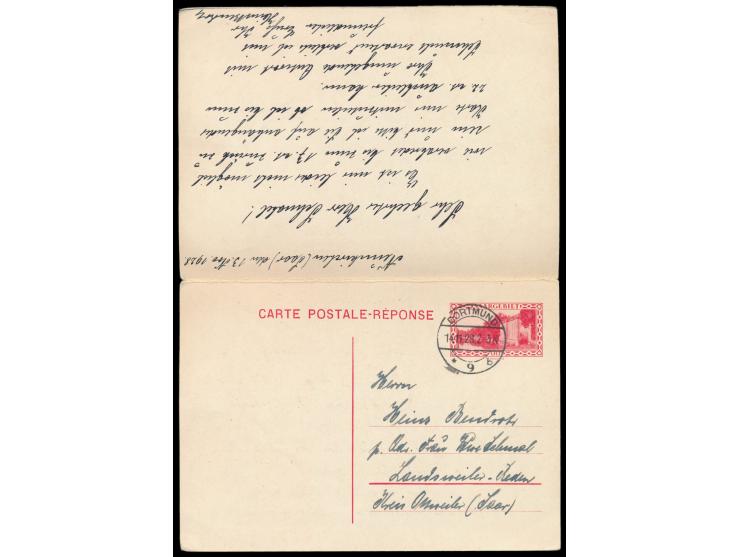 Ganzsachen-Doppelkarte 90 C. mit Zusatzfrankatur &nbsp;2 x 10 C. und 2 x 15 C. als &nbsp;Einschreiben &nbsp;mit Stempel Neunk