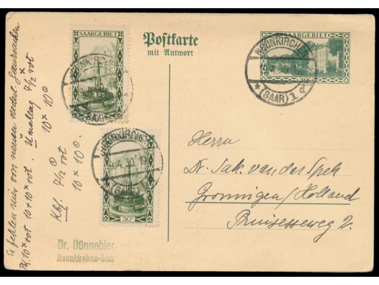 Ganzsachen-Doppelkarte 30 C. mit Zusatzfrankatur 2 x 30 C. als  Auslandskarte  nach Holland, Stempel Neunkirchen (Saar) 1 19.