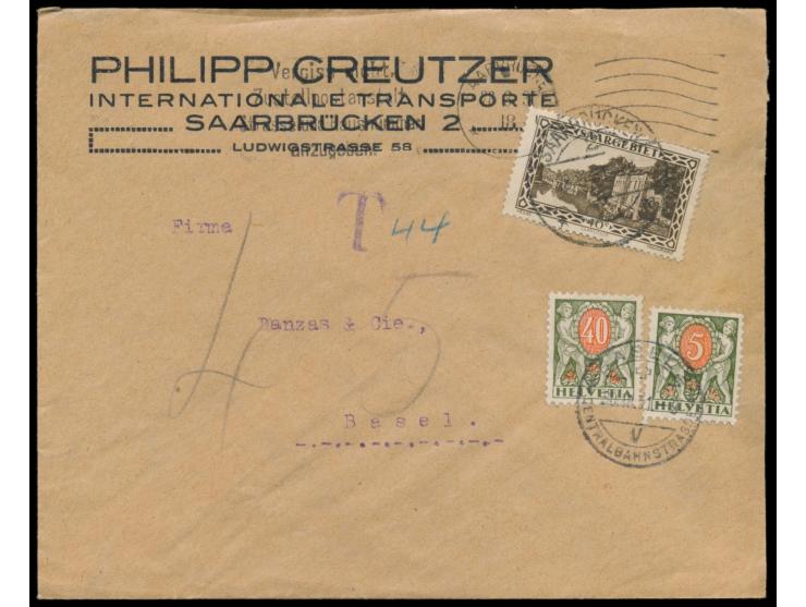 40 C. auf Auslandsbrief mit Stempel Saarbrücken 28.3.31 nach Basel, unterfrankiert,  Schweiz-Portomarken  5 Rp. und 40 Rp. fr