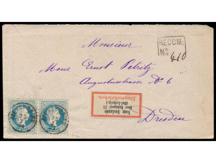 waagerechtes Paar 10 Soldi (Ausgabe 1867) auf  Einschreibbrief  nach Dresden, 2 x zentrischer Stempel  Alexandrien  23.7.81, 