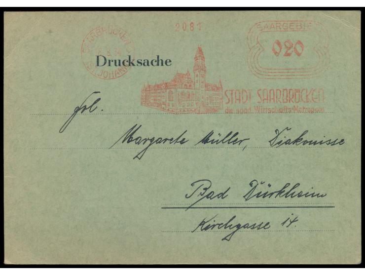 Absenderfreistempel   der Stadtverwaltung Saarbrücken,  Saarbrücken 3 (St. Johann)  18.8.34 auf Drucksachenkarte  "Volksabsti
