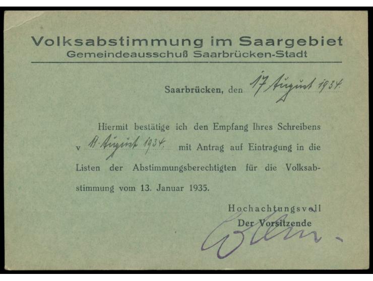 Absenderfreistempel   der Stadtverwaltung Saarbrücken,  Saarbrücken 3 (St. Johann)  18.8.34 auf Drucksachenkarte  "Volksabsti