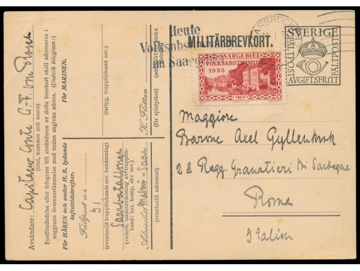 schwedische  Militärpost-Ganzsache  mit Saar-Marke 90 C. als Auslandskarte  nach Italien,  Maschinenstempel Saarbrücken 2 13.