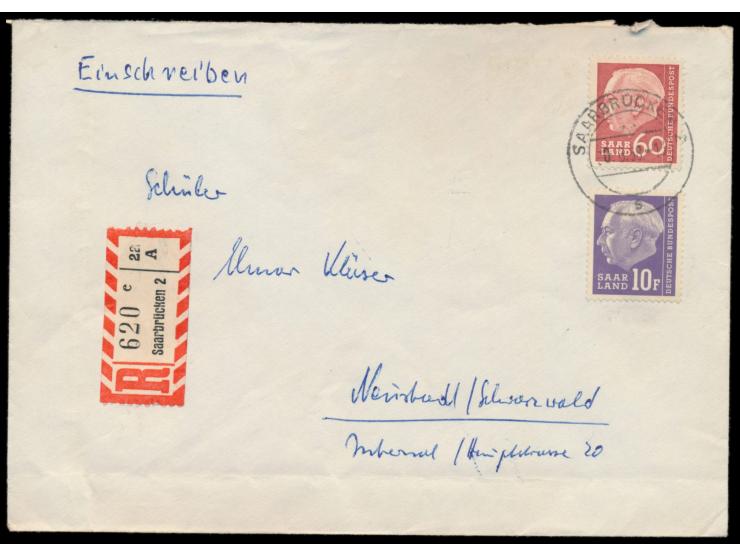 Mischfrankatur &nbsp;60 (F) Heuss I &nbsp;mit &nbsp;10 F Heuss II &nbsp;auf Einschreibbrief mit Stempel Saarbrücken 2 &nbsp;3