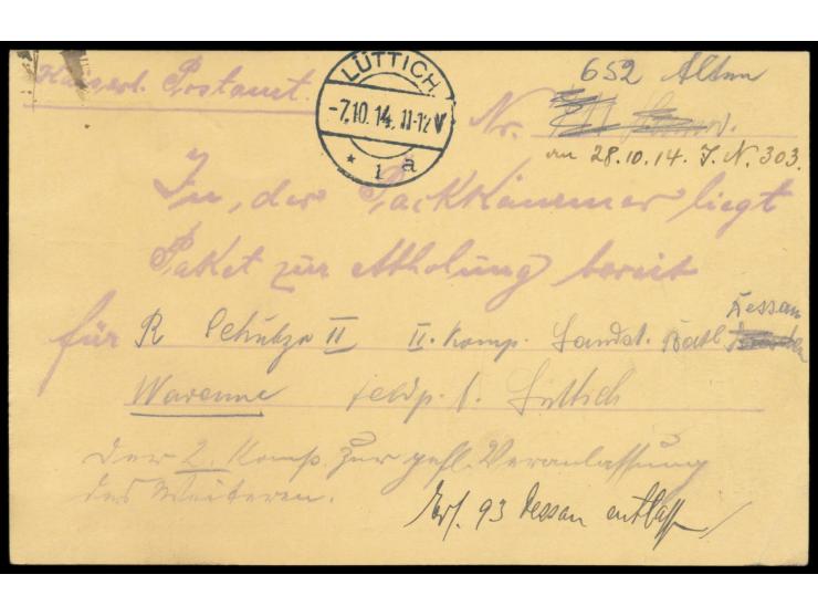 Belgien-Ganzsache 5 C. als Formblatt aufgebraucht mit hektografiertem Textzudruck "Kaiserl. Postamt ... In der Packkammer lie