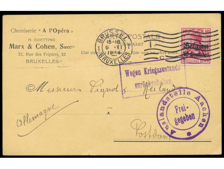 10 C. auf Firmenkarte mit Maschinenstempel Brüssel 1 9.11.14 nach Potsdam, Zensurstempel Auslandsstelle Aachen / Freigegeben 