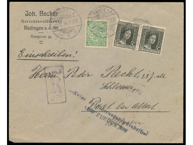 Luxemburg  5 C. und 2 x 15 C. auf Einschreibbrief mit Stempel  Redange s. A.  20.11.14 nach Post bei Attert (Belgien), schwar