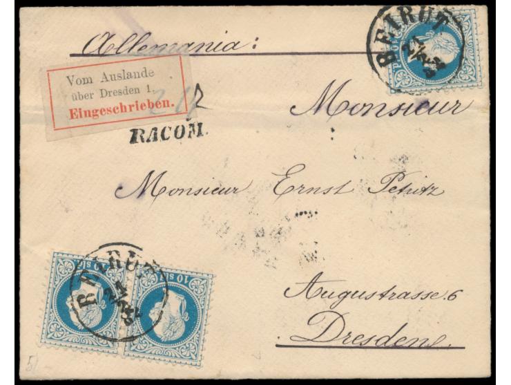 waagerechtes Paar und Einzelmarke 10 Soldi (Ausgabe 1867) auf  Einschreibbrief  mit Stempel  Beirut  21.2.82 nach Dresden, Ei