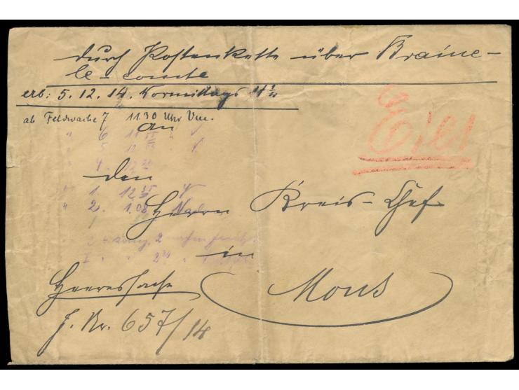 Brief "Heeressache" mit rückseitigem Dienstsiegel "Landst. Inf. Ersatz Batl. XV. A.K." an den Kreischef in Mons, handschriftl