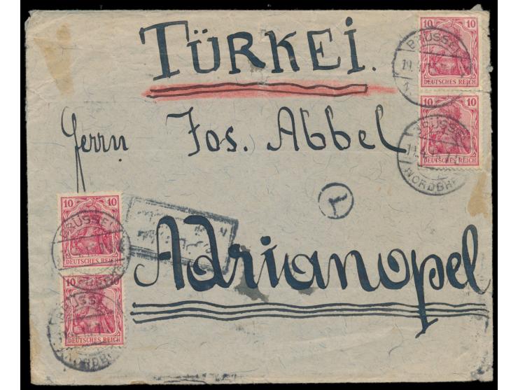 4 x 10 Pf. auf Auslandsbrief 2. Gewicht nach Adrianopel / Türkei, Stempel  Brüssel Nordbhf  19.4.15, Durchgangstempel Galata 