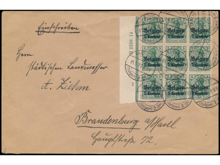 Neunerblock 5 C. mit Seitenrand  mit Ur-HAN H 2356-14  auf Brief mit Stempel  Mons (Belgien) 2 (Bhf)  19.5.15 nach Brandenbur