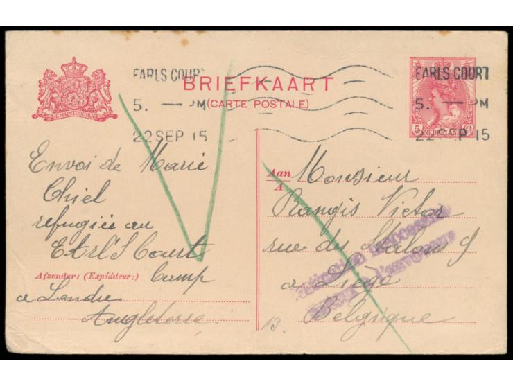 Niederlande-Ganzsache 5 C. mit handschriftlicher Absenderangabe "... refugie au  Earls Court Camp,  Londres , Angleterre", Ma
