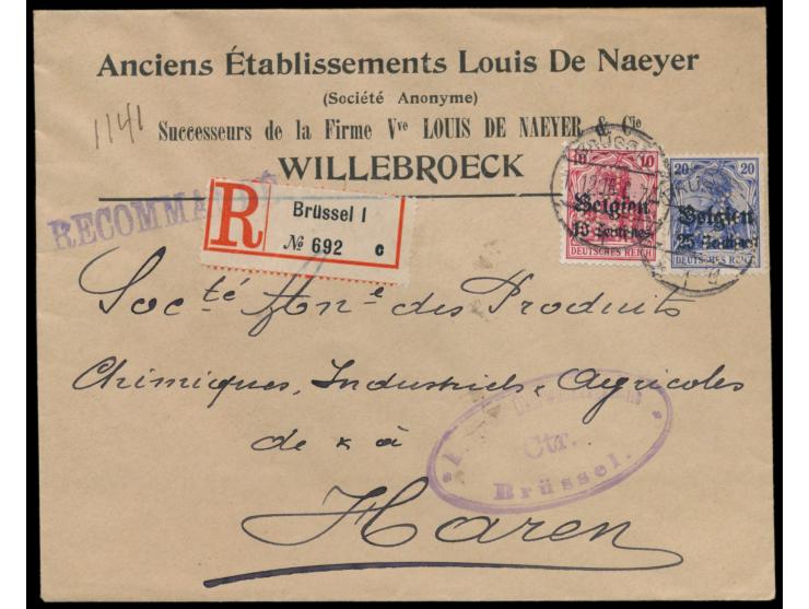 10 C. und 25 C. mit  Firmenlochung "D N / C"  (Louis de Naeyer &amp; Cie) auf Einschreibbrief mit Stempel  Brüssel 1  1.12.15