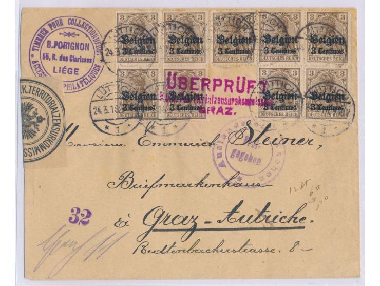 9 x 3 C. auf Auslandsbrief nach Österreich, Stempel  Lüttich 1 24.3.16, Zensur Aachen und Graz mit Verschlußzettel
Stichwort: