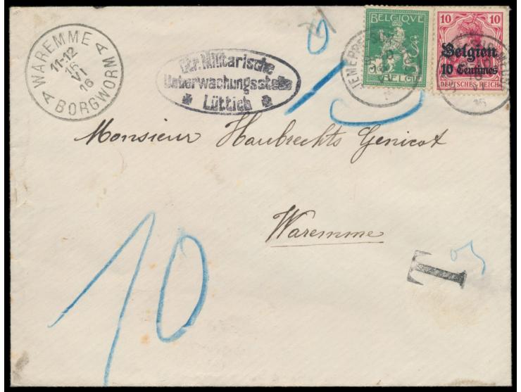 Brief mit Mischfrankatur Dt. Besetzung 10 C. mit ungültiger  Belgien 5 C.  (beanstandet),   Stempel  Jemeppe-sur-Meuse  16.6.