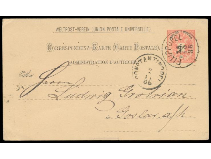 Levante,  Ganzsache 5 Soldi (Ausgabe 1883) mit Stempel  Filipopel  30.10.86 nach Deutschland, Durchgangsstempel Constantinope
