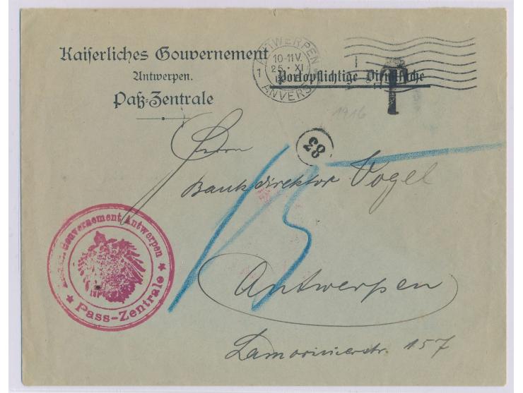 Ortsbrief "Portopflichtige Dienstsache", Absendereindruck  und rotes Dienstsiegel  Kaiserliches Gouvernement Antwerpen / Pass