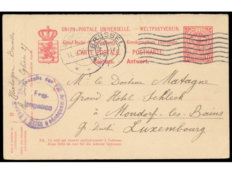 Luxemburg-Ganzsachen-Antwortteil  10 C. Wappen mit Maschinenstempel  Brüssel 1  7.9.1917 zurück nach Luxemburg, Zensurstempel