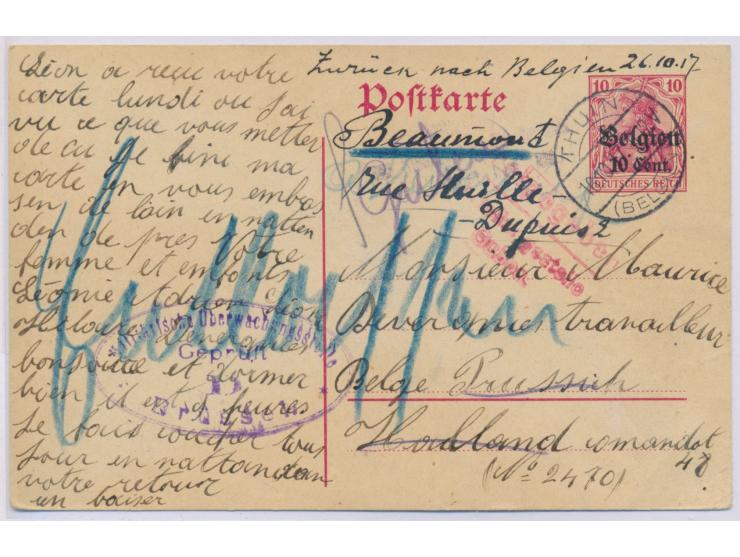 Ganzsache 10 C. mit Stempel &nbsp;Thuin (Belgien) &nbsp;16.10.17 an einen Belgier im Kriegsgefangenenlager Preußisch-Holland,