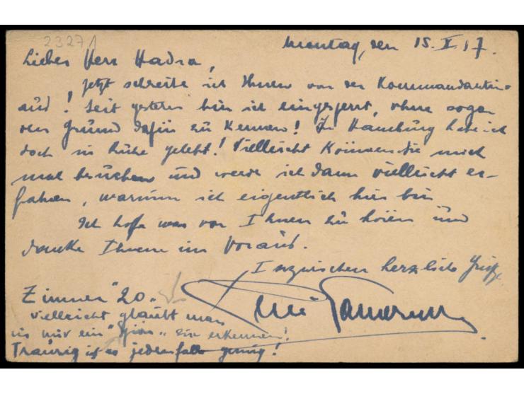 Brüssel-Militärjustiz: &nbsp;Ganzsache 8 C. mit Maschinenstempel Brüssel 17.10.17 als Ortskarte, Absender &quot;... Kommandan