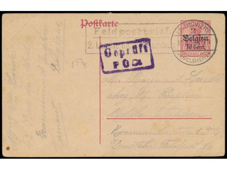 Ganzsache 10 C. mit Stempel &nbsp;La Louviere 2 &nbsp;&nbsp;(Belgien) &nbsp;12.8.18 als belgische Zivilpost ins Etappengebiet